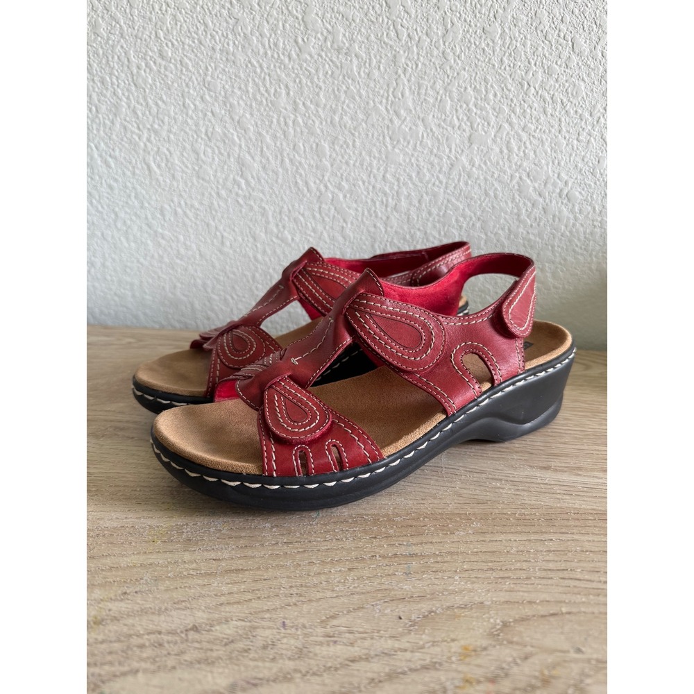 Clarks Red Leather Cushion Soft Wedge Sandals Womens Size 11 N Hook and Loop